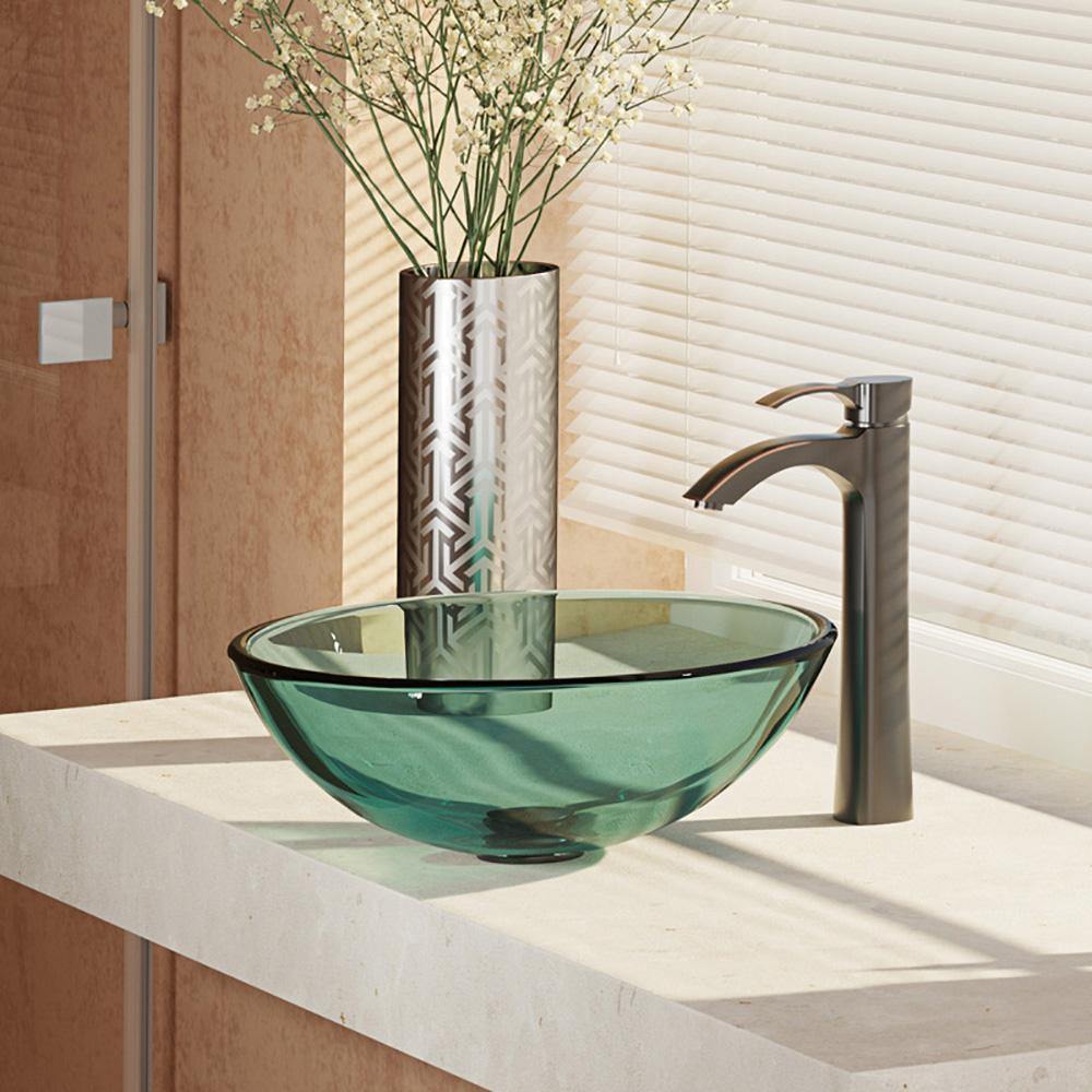 Rene 17" Round Glass Bathroom Sink, Ivy, with Faucet, R5-5001-IVY-R9-7006-ABR - The Sink Boutique