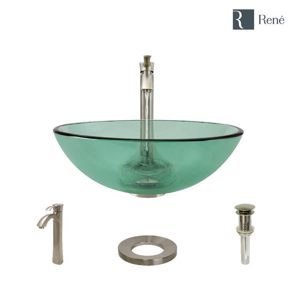 Rene 17" Round Glass Bathroom Sink, Ivy, with Faucet, R5-5001-IVY-R9-7006-BN