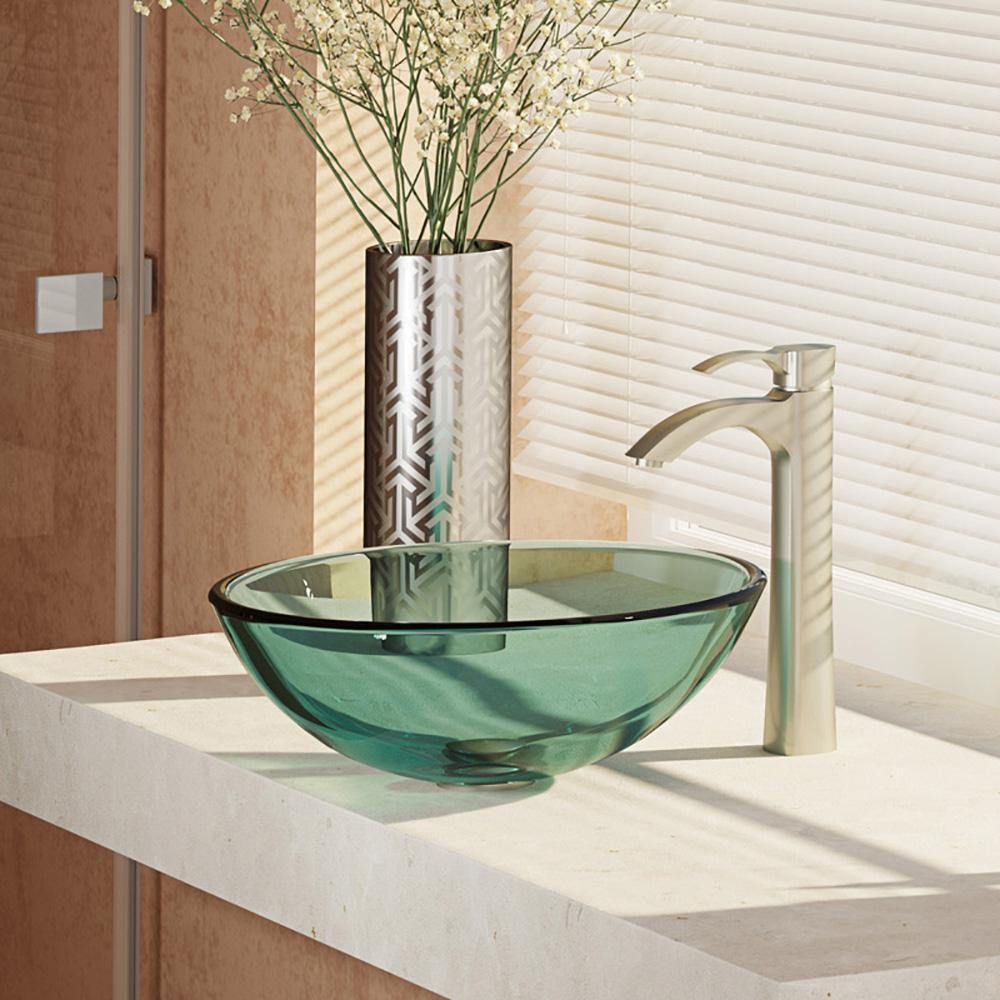 Rene 17" Round Glass Bathroom Sink, Ivy, with Faucet, R5-5001-IVY-R9-7006-BN - The Sink Boutique