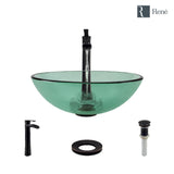 Rene 17" Round Glass Bathroom Sink, Ivy, with Faucet, R5-5001-IVY-R9-7007-ABR
