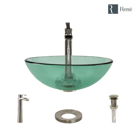 Rene 17" Round Glass Bathroom Sink, Ivy, with Faucet, R5-5001-IVY-R9-7007-BN