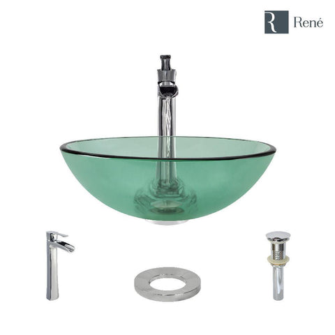 Rene 17" Round Glass Bathroom Sink, Ivy, with Faucet, R5-5001-IVY-R9-7007-C