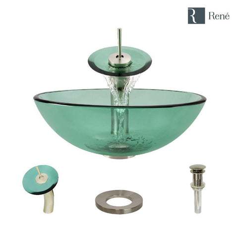 Rene 17" Round Glass Bathroom Sink, Ivy, with Faucet, R5-5001-IVY-WF-BN