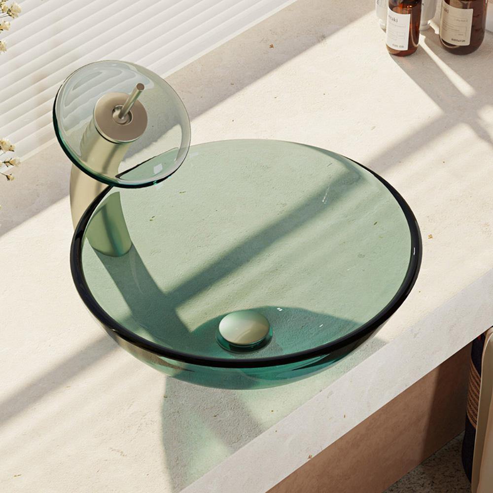 Rene 17" Round Glass Bathroom Sink, Ivy, with Faucet, R5-5001-IVY-WF-BN - The Sink Boutique