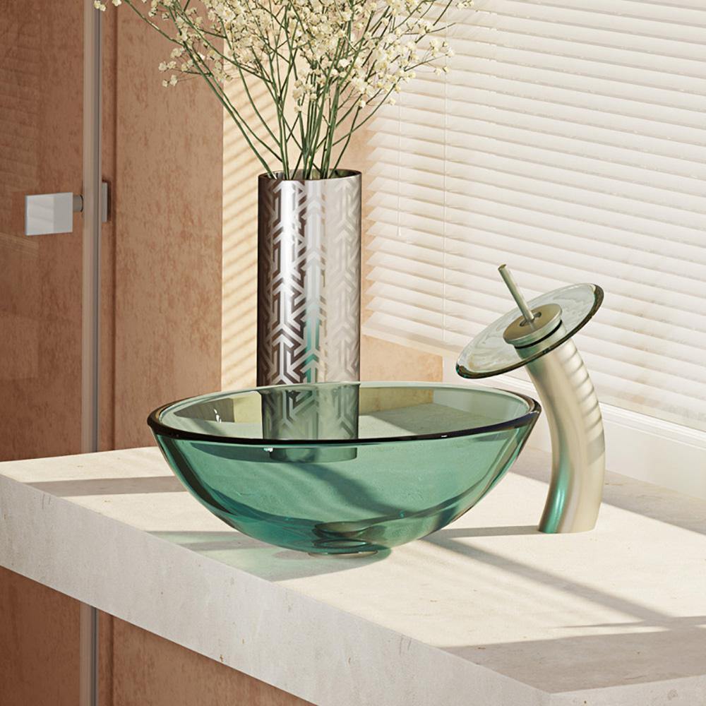 Rene 17" Round Glass Bathroom Sink, Ivy, with Faucet, R5-5001-IVY-WF-BN - The Sink Boutique
