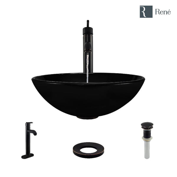 Rene 17" Round Glass Bathroom Sink, Noir, with Faucet, R5-5001-NOR-R9-7001-ABR