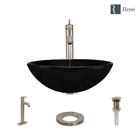 Rene 17" Round Glass Bathroom Sink, Noir, with Faucet, R5-5001-NOR-R9-7001-BN
