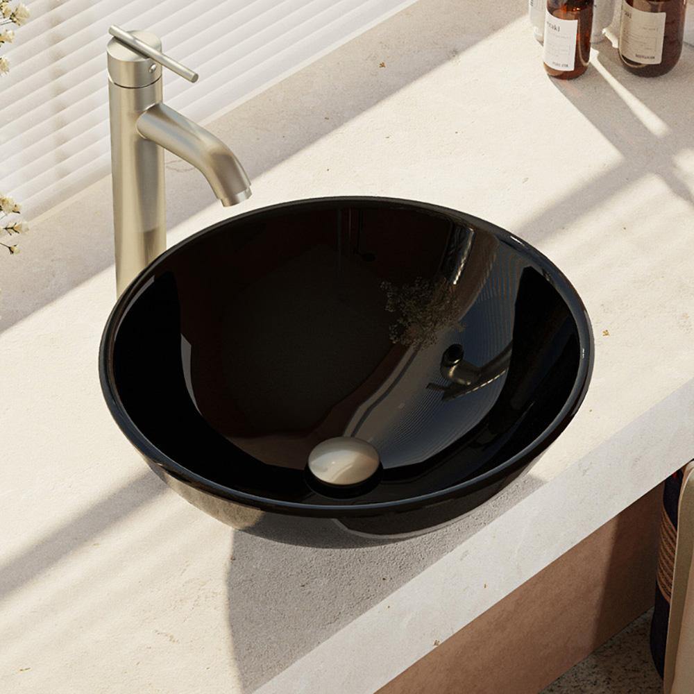 Rene 17" Round Glass Bathroom Sink, Noir, with Faucet, R5-5001-NOR-R9-7001-BN - The Sink Boutique