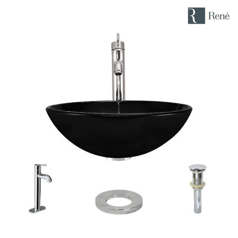 Rene 17" Round Glass Bathroom Sink, Noir, with Faucet, R5-5001-NOR-R9-7001-C