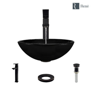 Alternate Image for Rene 17" Round Glass Bathroom Sink, Noir, with Faucet, R5-5001-NOR-R9-7003-ABR