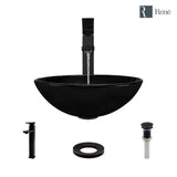 Rene 17" Round Glass Bathroom Sink, Noir, with Faucet, R5-5001-NOR-R9-7003-ABR