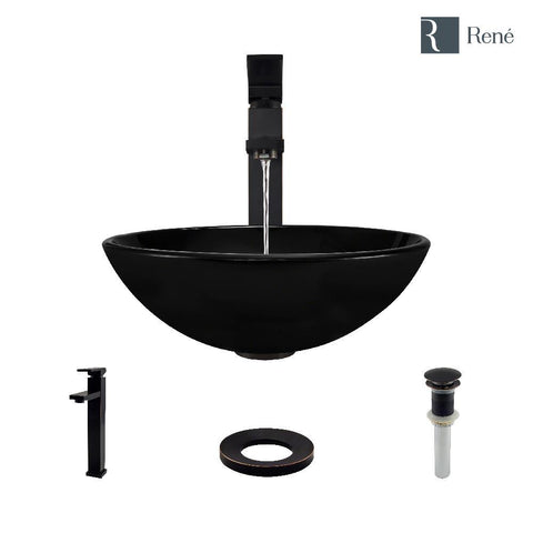 Rene 17" Round Glass Bathroom Sink, Noir, with Faucet, R5-5001-NOR-R9-7003-ABR
