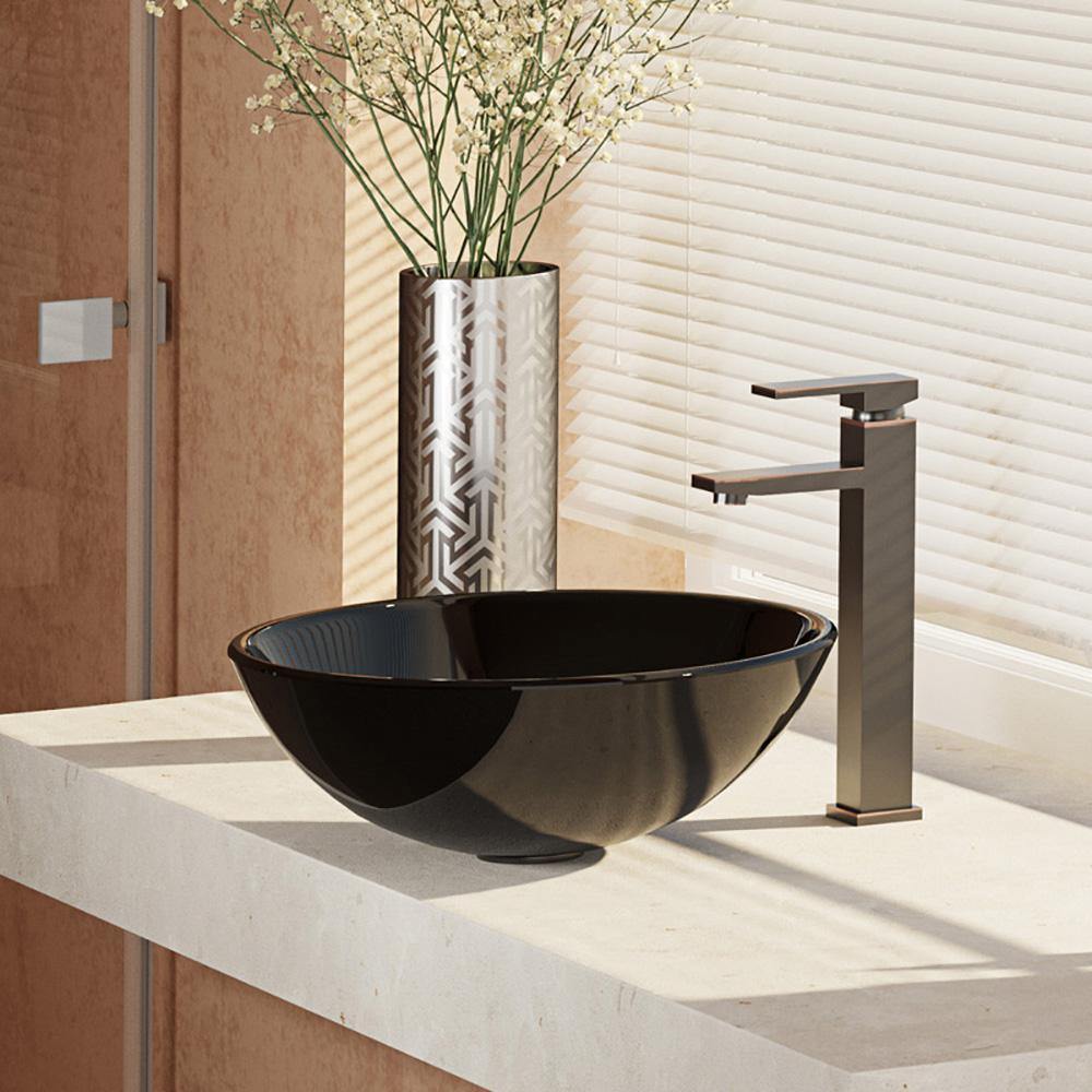 Rene 17" Round Glass Bathroom Sink, Noir, with Faucet, R5-5001-NOR-R9-7003-ABR - The Sink Boutique