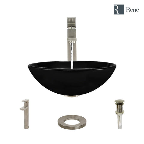 Rene 17" Round Glass Bathroom Sink, Noir, with Faucet, R5-5001-NOR-R9-7003-BN