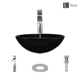 Rene 17" Round Glass Bathroom Sink, Noir, with Faucet, R5-5001-NOR-R9-7003-C