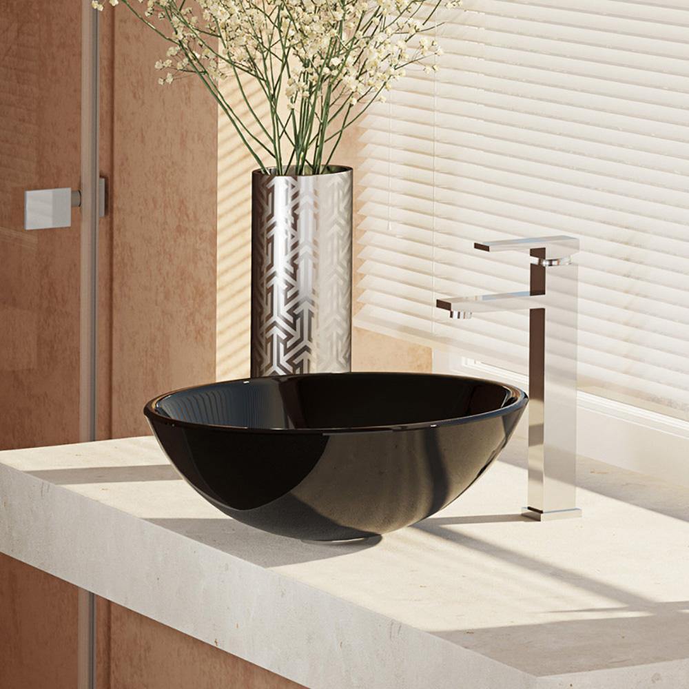 Rene 17" Round Glass Bathroom Sink, Noir, with Faucet, R5-5001-NOR-R9-7003-C - The Sink Boutique
