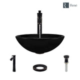 Rene 17" Round Glass Bathroom Sink, Noir, with Faucet, R5-5001-NOR-R9-7006-ABR