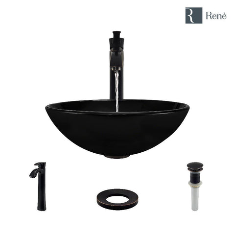 Rene 17" Round Glass Bathroom Sink, Noir, with Faucet, R5-5001-NOR-R9-7006-ABR