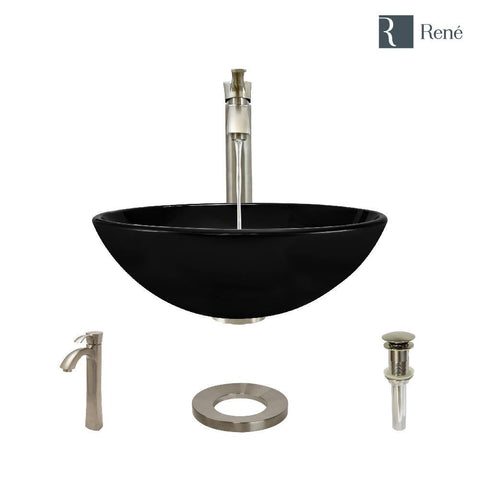 Rene 17" Round Glass Bathroom Sink, Noir, with Faucet, R5-5001-NOR-R9-7006-BN