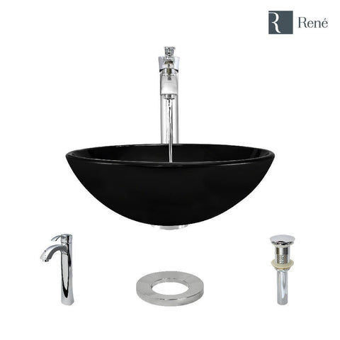 Rene 17" Round Glass Bathroom Sink, Noir, with Faucet, R5-5001-NOR-R9-7006-C