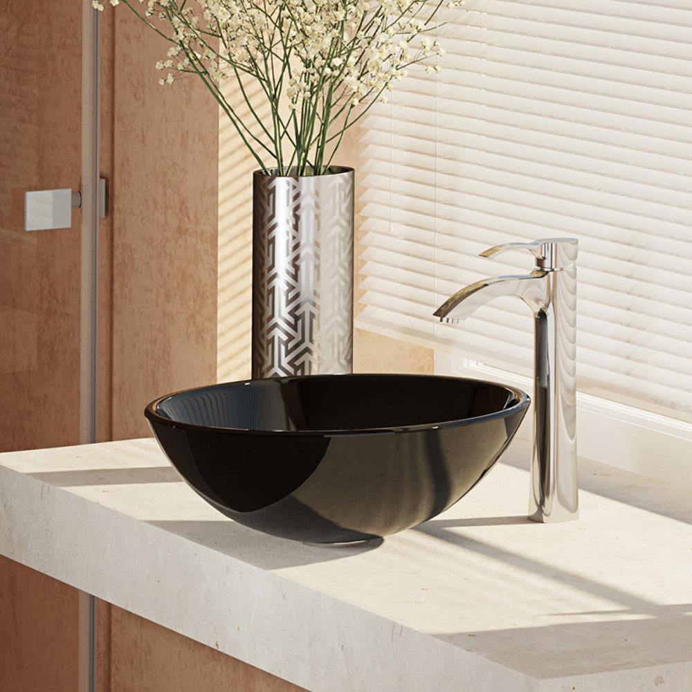 Alternate Image for Rene 17" Round Glass Bathroom Sink, Noir, with Faucet, R5-5001-NOR-R9-7006-C