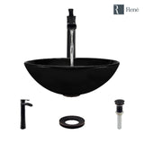 Rene 17" Round Glass Bathroom Sink, Noir, with Faucet, R5-5001-NOR-R9-7007-ABR