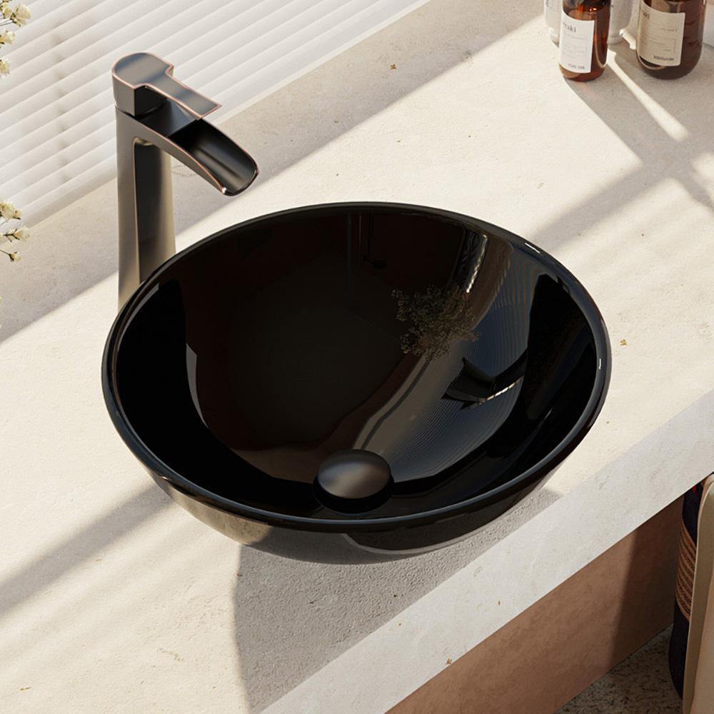 Rene 17" Round Glass Bathroom Sink, Noir, with Faucet, R5-5001-NOR-R9-7007-ABR - The Sink Boutique