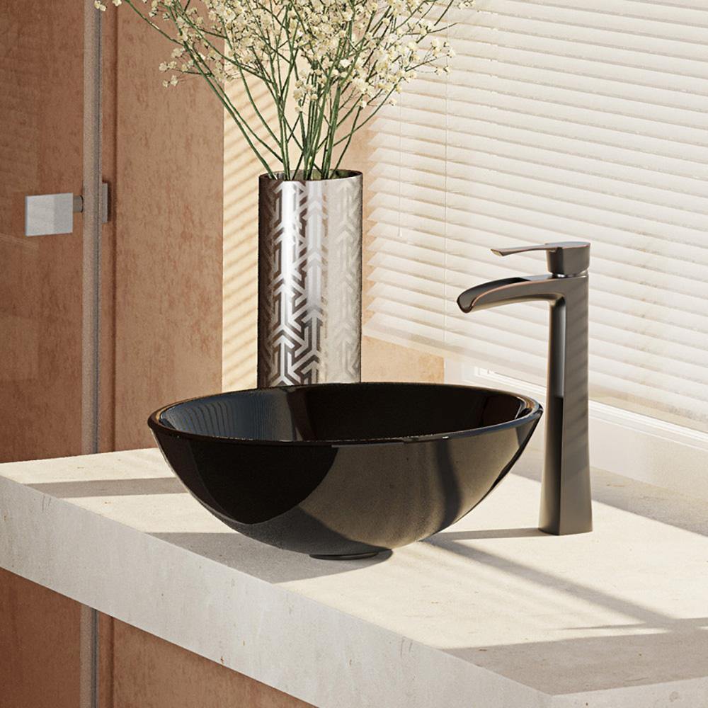 Rene 17" Round Glass Bathroom Sink, Noir, with Faucet, R5-5001-NOR-R9-7007-ABR - The Sink Boutique
