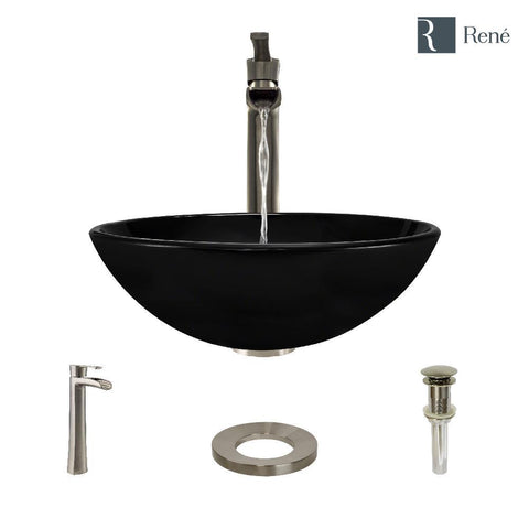 Rene 17" Round Glass Bathroom Sink, Noir, with Faucet, R5-5001-NOR-R9-7007-BN