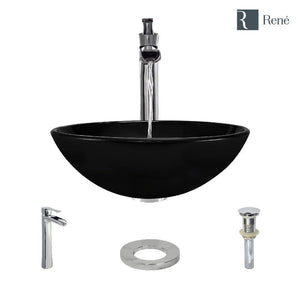 Alternate Image for Rene 17" Round Glass Bathroom Sink, Noir, with Faucet, R5-5001-NOR-R9-7007-C