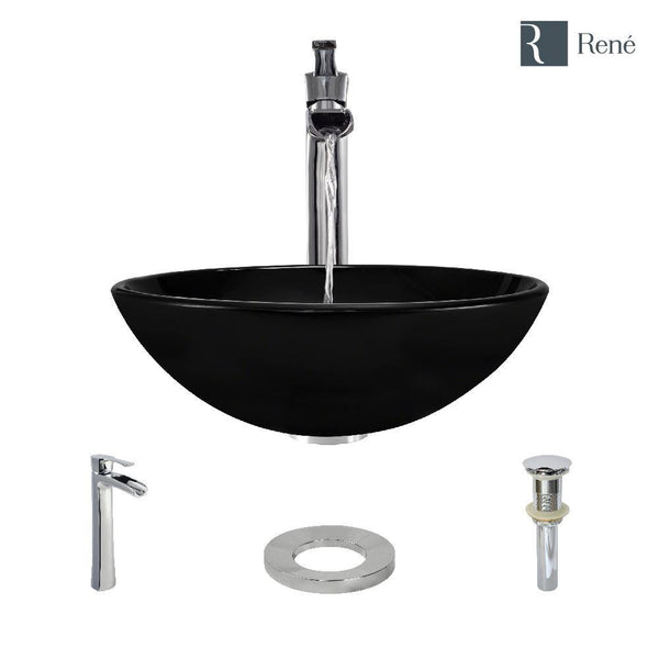 Rene 17" Round Glass Bathroom Sink, Noir, with Faucet, R5-5001-NOR-R9-7007-C