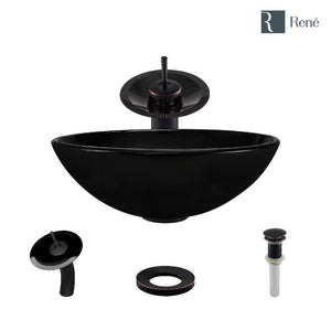 Alternate Image for Rene 17" Round Glass Bathroom Sink, Noir, with Faucet, R5-5001-NOR-WF-ABR