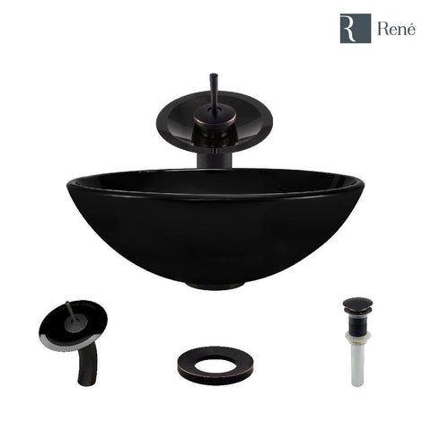 Rene 17" Round Glass Bathroom Sink, Noir, with Faucet, R5-5001-NOR-WF-ABR
