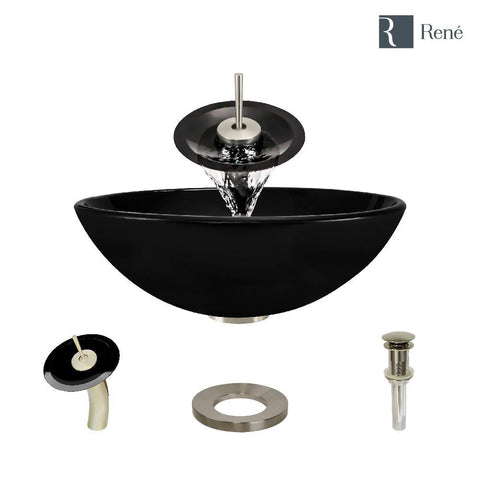 Rene 17" Round Glass Bathroom Sink, Noir, with Faucet, R5-5001-NOR-WF-BN