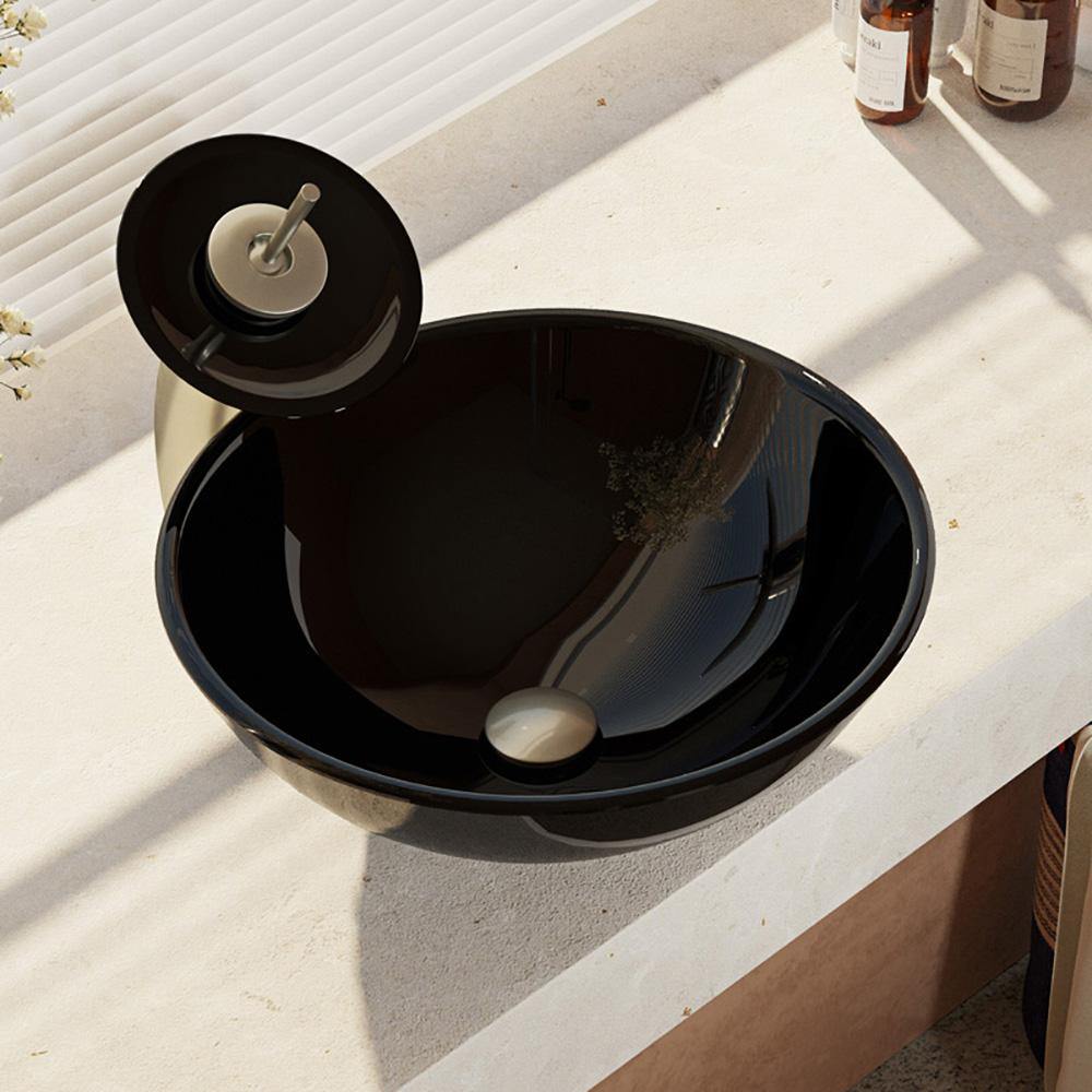 Rene 17" Round Glass Bathroom Sink, Noir, with Faucet, R5-5001-NOR-WF-BN - The Sink Boutique