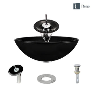 Alternate Image for Rene 17" Round Glass Bathroom Sink, Noir, with Faucet, R5-5001-NOR-WF-C