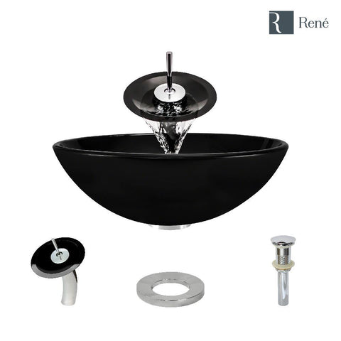 Rene 17" Round Glass Bathroom Sink, Noir, with Faucet, R5-5001-NOR-WF-C