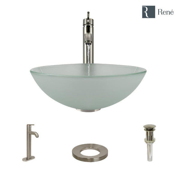 Rene 17" Round Glass Bathroom Sink, Frosted, with Faucet, R5-5002-R9-7001-BN