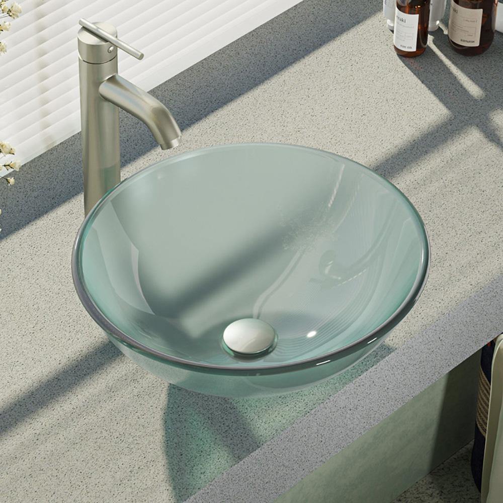 Rene 17" Round Glass Bathroom Sink, Frosted, with Faucet, R5-5002-R9-7001-BN - The Sink Boutique