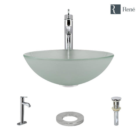 Rene 17" Round Glass Bathroom Sink, Frosted, with Faucet, R5-5002-R9-7001-C
