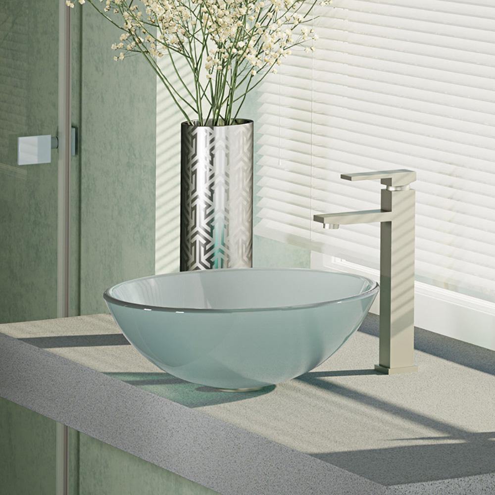 Rene 17" Round Glass Bathroom Sink, Frosted, with Faucet, R5-5002-R9-7003-BN - The Sink Boutique