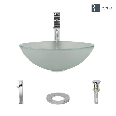 Rene 17" Round Glass Bathroom Sink, Frosted, with Faucet, R5-5002-R9-7003-C
