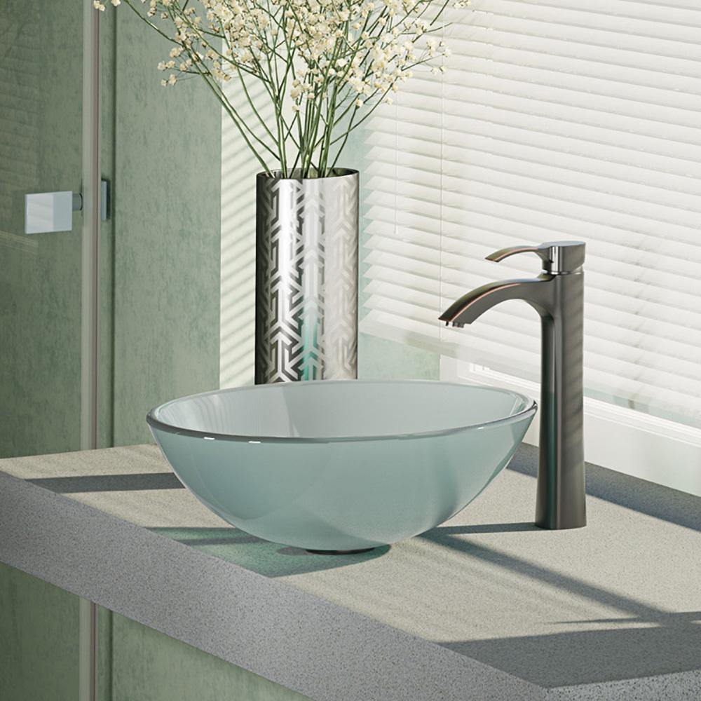 Rene 17" Round Glass Bathroom Sink, Frosted, with Faucet, R5-5002-R9-7006-ABR - The Sink Boutique