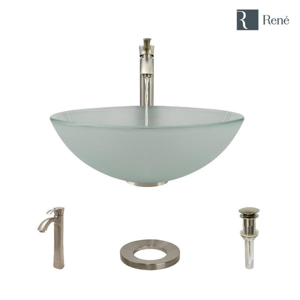 Rene 17" Round Glass Bathroom Sink, Frosted, with Faucet, R5-5002-R9-7006-BN