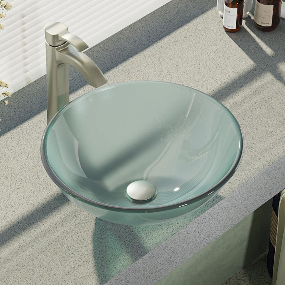 Rene 17" Round Glass Bathroom Sink, Frosted, with Faucet, R5-5002-R9-7006-BN - The Sink Boutique