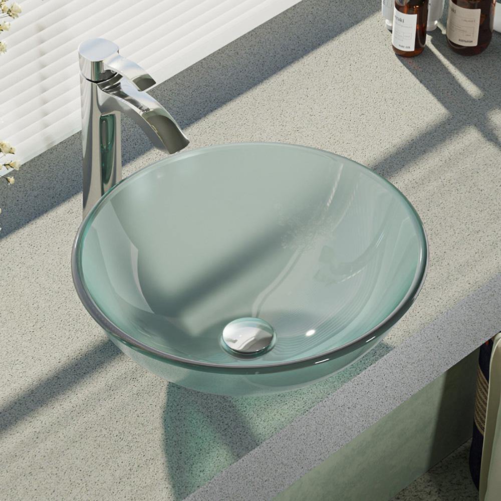Rene 17" Round Glass Bathroom Sink, Frosted, with Faucet, R5-5002-R9-7006-C - The Sink Boutique