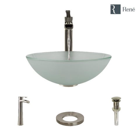 Rene 17" Round Glass Bathroom Sink, Frosted, with Faucet, R5-5002-R9-7007-BN