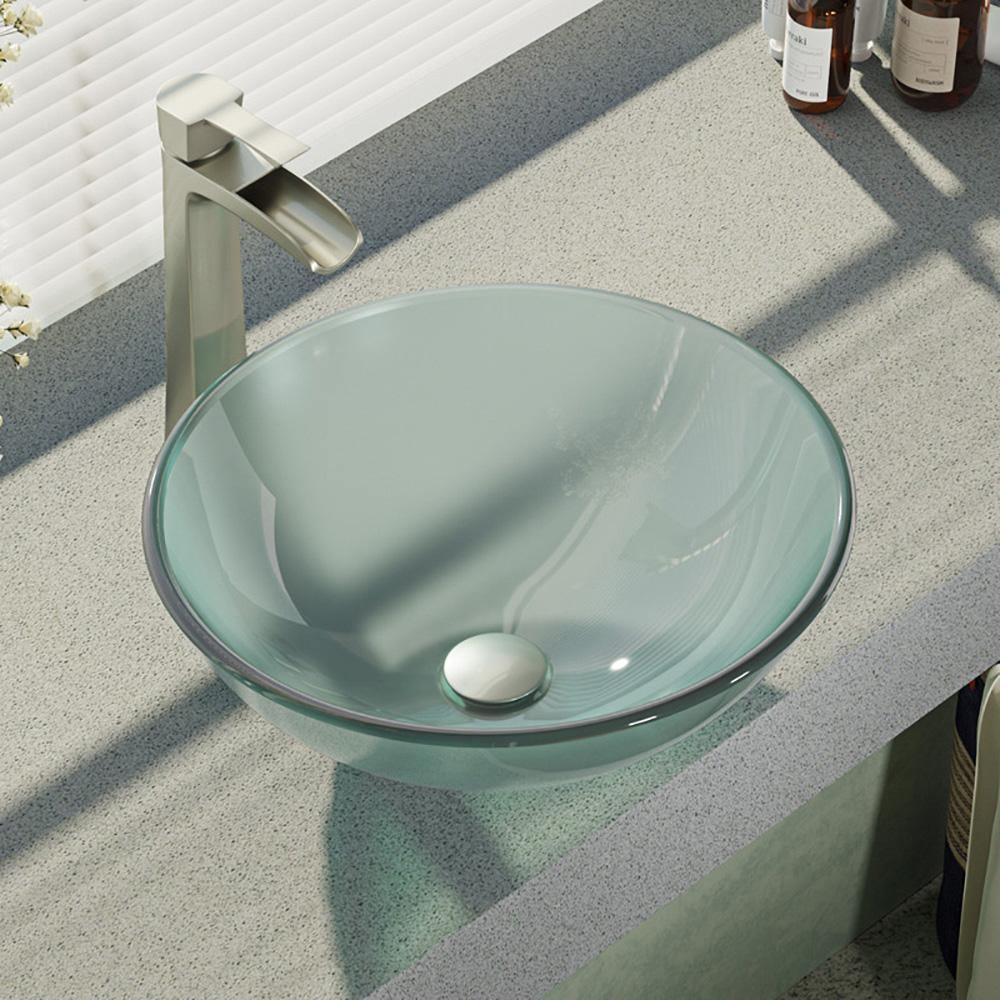 Rene 17" Round Glass Bathroom Sink, Frosted, with Faucet, R5-5002-R9-7007-BN - The Sink Boutique