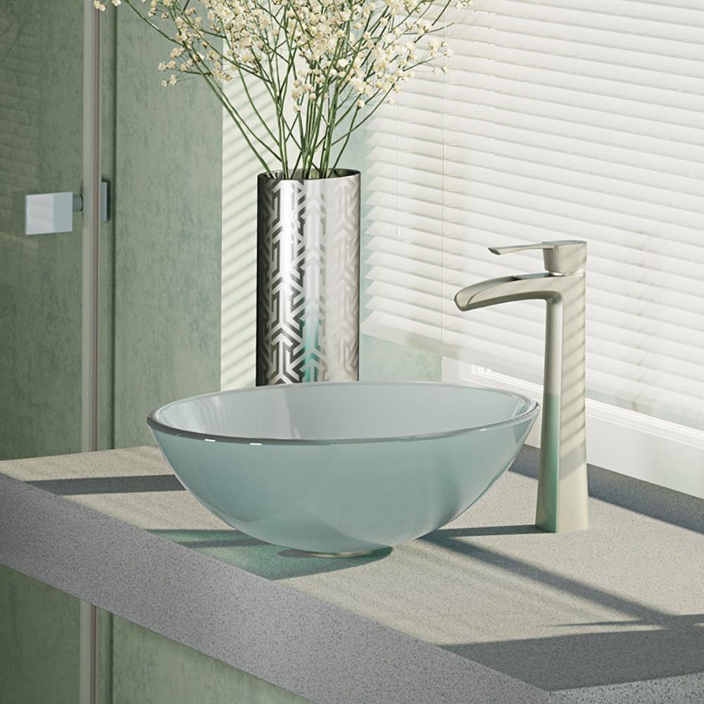 Rene 17" Round Glass Bathroom Sink, Frosted, with Faucet, R5-5002-R9-7007-BN - The Sink Boutique