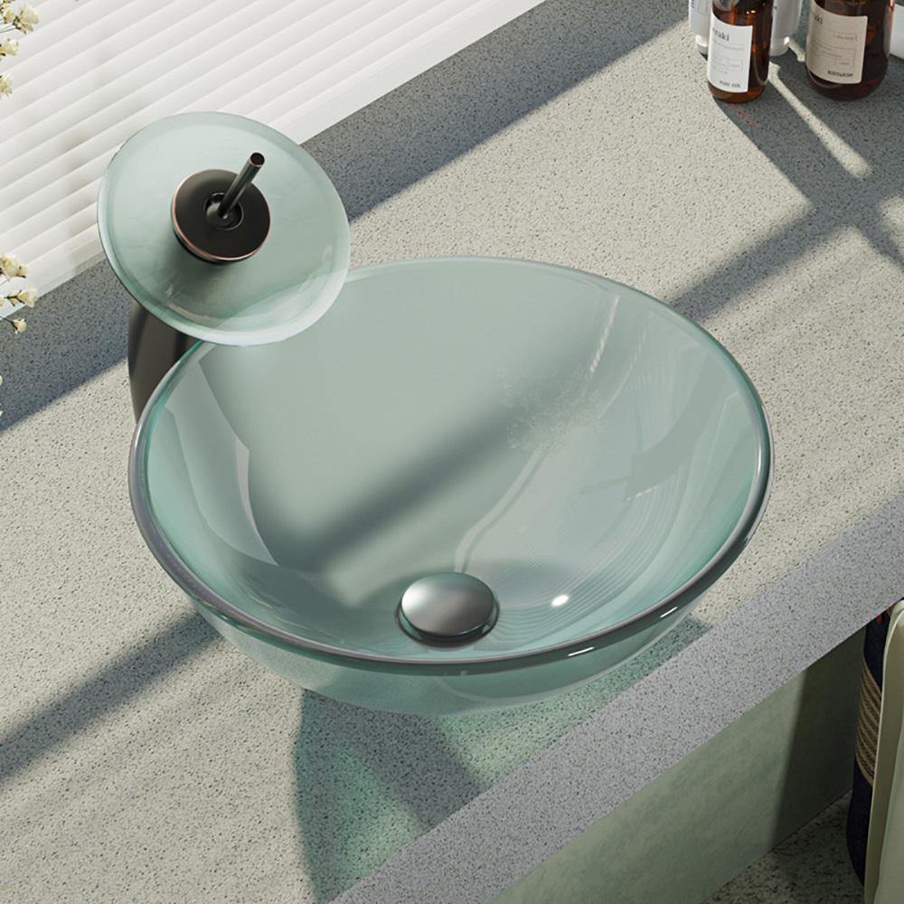 Rene 17" Round Glass Bathroom Sink, Frosted, with Faucet, R5-5002-WF-ABR - The Sink Boutique